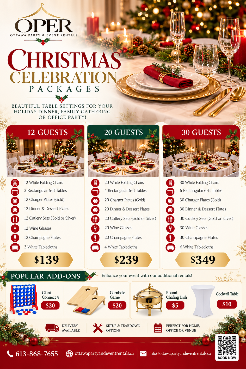 Corporate Christmas party table settings with chairs, gold dinnerware and festive decorations in Ottawa